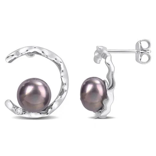 JMS always Earrings Original AMOUR 758mm Black Freshwater Cultured Pearl and White Topaz Open Wave Earrings In Sterling Silver JMS always Earrings Original AMOUR 758mm Black Freshwater Cultured Pearl and White Topaz Open Wave Earrings In Sterling Silver