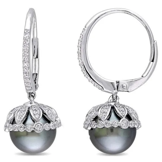 JMS always Earrings Original AMOUR 995 Mm Black Tahitian Cultured Pearl and 12 CT TW Diamond Floral Drop Leverback Earrings In 14K White Gold JMS always Earrings Original AMOUR 995 Mm Black Tahitian Cultured Pearl and 12 CT TW Diamond Floral Drop Leverback Earrings In 14K White Gold