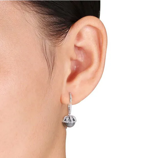 JMS always Earrings Original AMOUR 995 Mm Black Tahitian Cultured Pearl and 12 CT TW Diamond Floral Drop Leverback Earrings In 14K White Gold JMS always Earrings Original AMOUR 995 Mm Black Tahitian Cultured Pearl and 12 CT TW Diamond Floral Drop Leverback Earrings In 14K White Gold