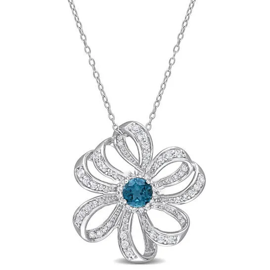 JMS always Necklaces Original AMOUR 2 14 CT TGW London Blue Topaz and White Topaz Flower Pendant with Chain In Sterling Silver JMS always Necklaces Original AMOUR 2 14 CT TGW London Blue Topaz and White Topaz Flower Pendant with Chain In Sterling Silver