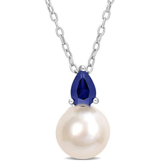 JMS always Necklaces Original AMOUR 859mm White Freshwater Cultured Pearl and 58 CT TGW Created Blue Sapphire Solitaire Pendant with Chain In Sterling Silver JMS always Necklaces Original AMOUR 859mm White Freshwater Cultured Pearl and 58 CT TGW Created Blue Sapphire Solitaire Pendant with Chain In Sterling Silver