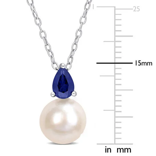 JMS always Necklaces Original AMOUR 859mm White Freshwater Cultured Pearl and 58 CT TGW Created Blue Sapphire Solitaire Pendant with Chain In Sterling Silver JMS always Necklaces Original AMOUR 859mm White Freshwater Cultured Pearl and 58 CT TGW Created Blue Sapphire Solitaire Pendant with Chain In Sterling Silver