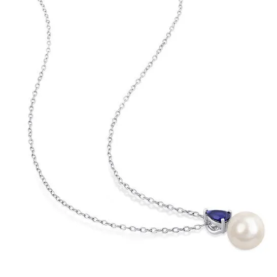JMS always Necklaces Original AMOUR 859mm White Freshwater Cultured Pearl and 58 CT TGW Created Blue Sapphire Solitaire Pendant with Chain In Sterling Silver JMS always Necklaces Original AMOUR 859mm White Freshwater Cultured Pearl and 58 CT TGW Created Blue Sapphire Solitaire Pendant with Chain In Sterling Silver