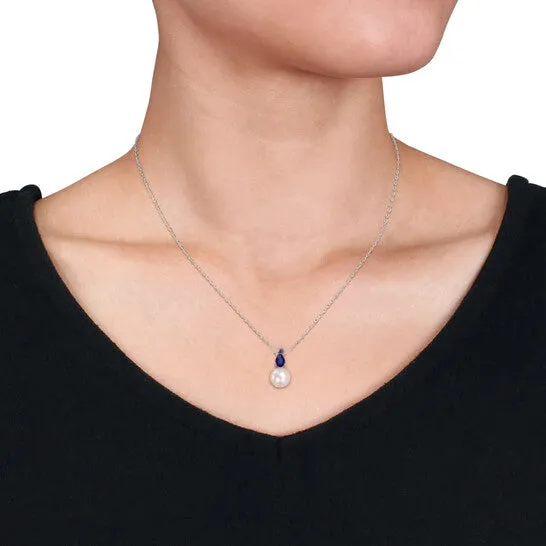 JMS always Necklaces Original AMOUR 859mm White Freshwater Cultured Pearl and 58 CT TGW Created Blue Sapphire Solitaire Pendant with Chain In Sterling Silver JMS always Necklaces Original AMOUR 859mm White Freshwater Cultured Pearl and 58 CT TGW Created Blue Sapphire Solitaire Pendant with Chain In Sterling Silver