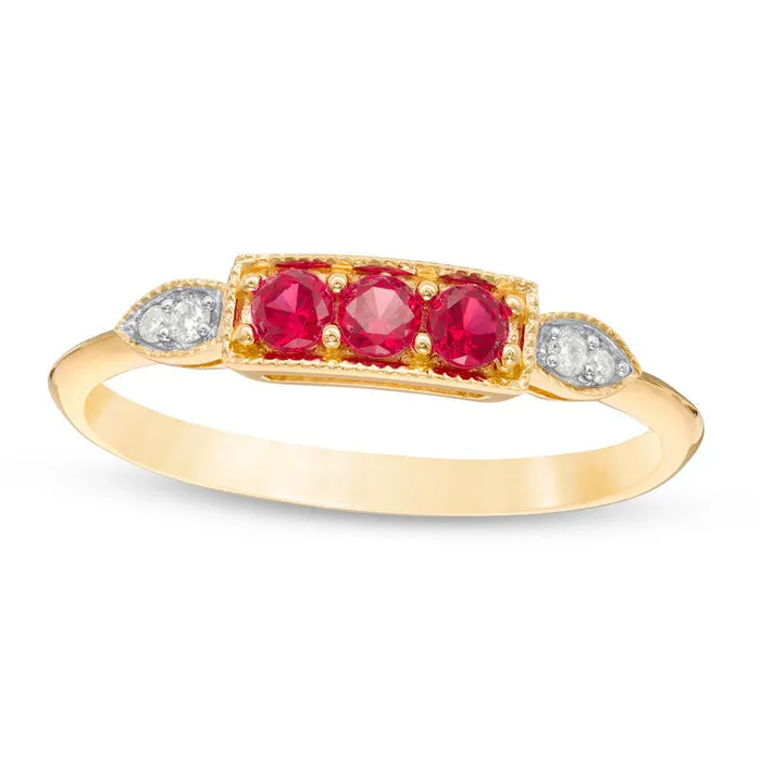 LabCreated Ruby and Diamond Accent Antique VintageStyle Three Stone Ring in Solid 10K Yellow Gold Goldia Rings LabCreated Ruby and Diamond Accent Antique VintageStyle Three Stone Ring in Solid 10K Yellow Gold Goldia Rings