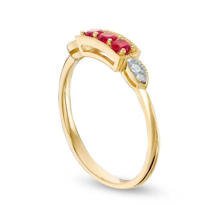 LabCreated Ruby and Diamond Accent Antique VintageStyle Three Stone Ring in Solid 10K Yellow Gold Goldia Rings LabCreated Ruby and Diamond Accent Antique VintageStyle Three Stone Ring in Solid 10K Yellow Gold Goldia Rings