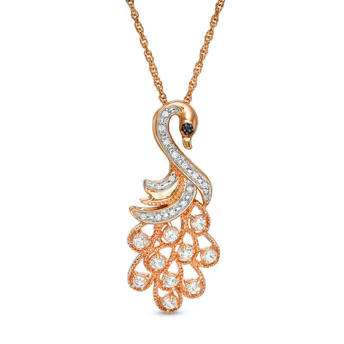 LabCreated White Sapphire and Enhanced Black Diamond Accent Peacock Pendant in Sterling Silver with 14K Rose Gold Plate Goldia Necklaces LabCreated White Sapphire and Enhanced Black Diamond Accent Peacock Pendant in Sterling Silver with 14K Rose Gold Plate Goldia Necklaces