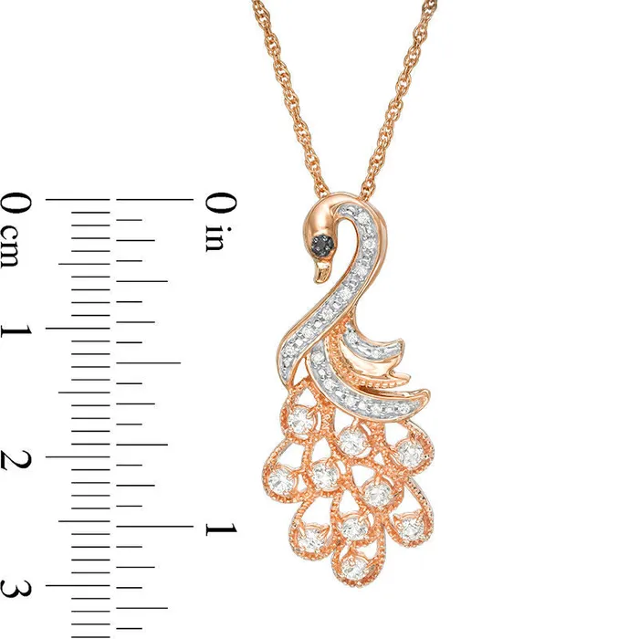 LabCreated White Sapphire and Enhanced Black Diamond Accent Peacock Pendant in Sterling Silver with 14K Rose Gold Plate Goldia Necklaces LabCreated White Sapphire and Enhanced Black Diamond Accent Peacock Pendant in Sterling Silver with 14K Rose Gold Plate Goldia Necklaces
