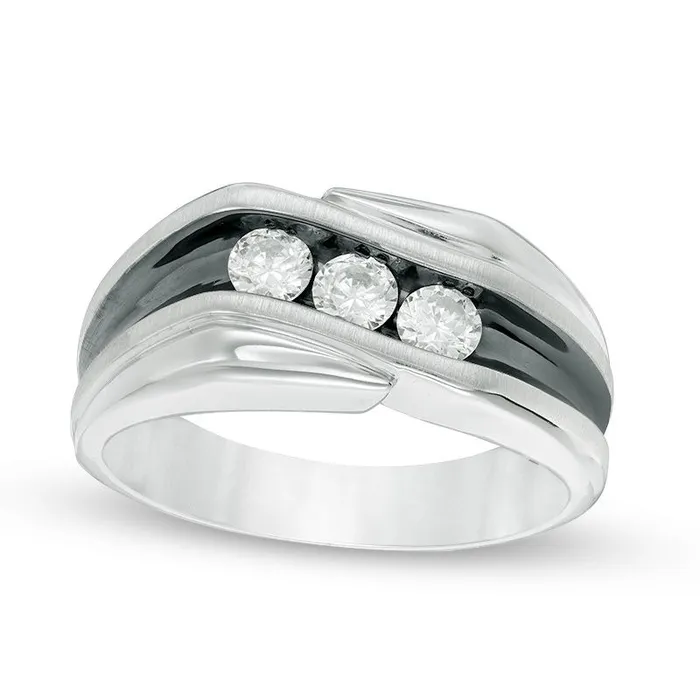 Mens 050 CT TW Natural Diamond Three Stone Slant Wedding Band in Solid 10K White Gold and Black Rhodium Goldia Rings Mens 050 CT TW Natural Diamond Three Stone Slant Wedding Band in Solid 10K White Gold and Black Rhodium Goldia Rings