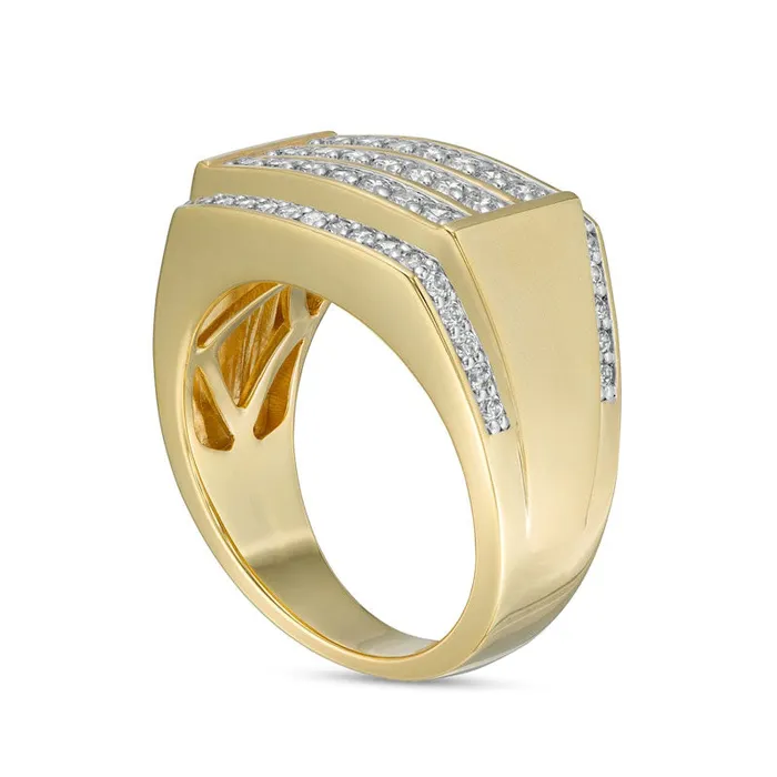 Mens 125 CT TW Natural Diamond Triple Row RectangleTop Border Ring in Solid 10K Yellow Gold Goldia Rings Mens 125 CT TW Natural Diamond Triple Row RectangleTop Border Ring in Solid 10K Yellow Gold Goldia Rings