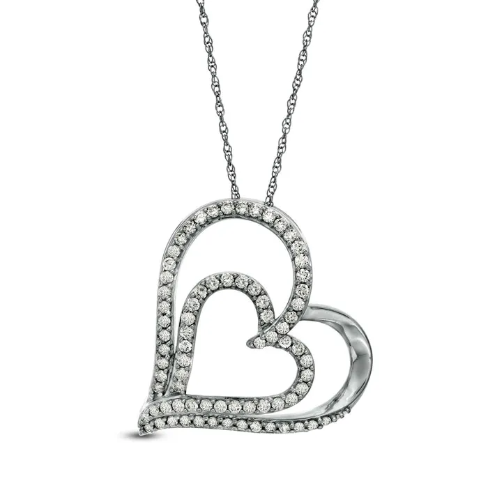Necklaces 05 CT TW Natural Diamond Double Tilted Heart Pendant in 10K White Gold Goldia Necklaces 05 CT TW Natural Diamond Double Tilted Heart Pendant in 10K White Gold Goldia