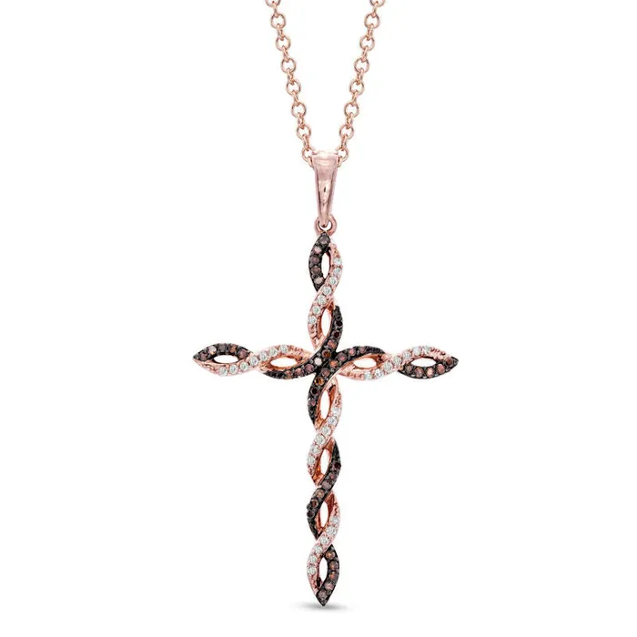 Necklaces Goldia 017 CT TW Enhanced Cognac and White Natural Diamond Twisting Cross Pendant in 10K Rose Gold Necklaces Goldia 017 CT TW Enhanced Cognac and White Natural Diamond Twisting Cross Pendant in 10K Rose Gold