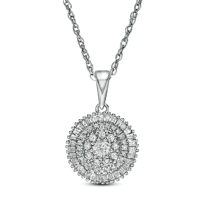 Necklaces Goldia 05 CT TW Baguette and Round Natural Diamond Triple Frame Circle Pendant in 10K White Gold Necklaces Goldia 05 CT TW Baguette and Round Natural Diamond Triple Frame Circle Pendant in 10K White Gold