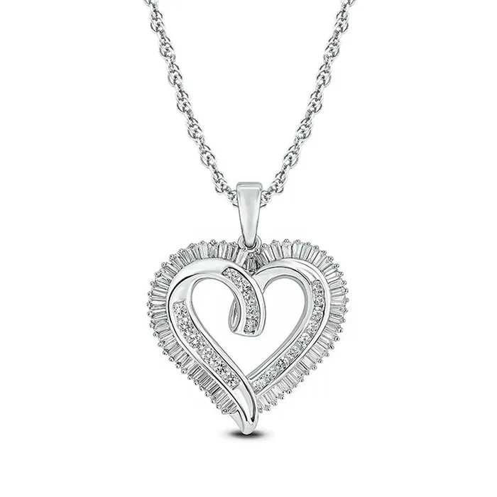 Necklaces Goldia 075 CT TW Baguette and Round Natural Diamond Looped Heart Pendant in 10K White Gold Necklaces Goldia 075 CT TW Baguette and Round Natural Diamond Looped Heart Pendant in 10K White Gold