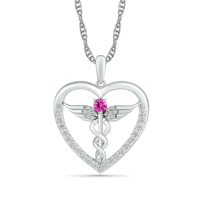 Necklaces Goldia 30mm LabCreated Pink and White Sapphire Caduceus Heart Outline Pendant in Sterling Silver Necklaces Goldia 30mm LabCreated Pink and White Sapphire Caduceus Heart Outline Pendant in Sterling Silver