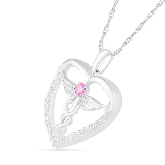 Necklaces Goldia 30mm LabCreated Pink and White Sapphire Caduceus Heart Outline Pendant in Sterling Silver Necklaces Goldia 30mm LabCreated Pink and White Sapphire Caduceus Heart Outline Pendant in Sterling Silver