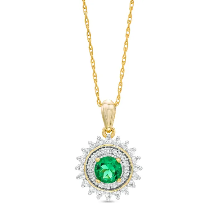 Necklaces Goldia 48mm LabCreated Emerald and White Sapphire Sunburst Double Frame Pendant in Sterling Silver with 14K Gold Plate Necklaces Goldia 48mm LabCreated Emerald and White Sapphire Sunburst Double Frame Pendant in Sterling Silver with 14K Gold Plate