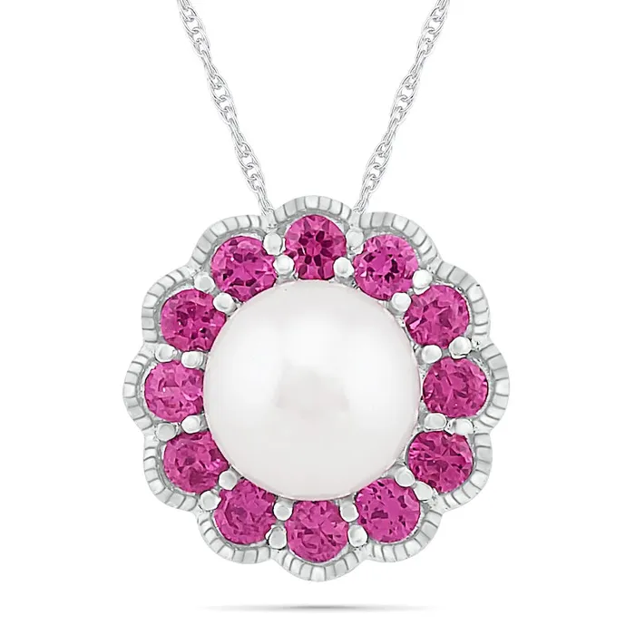 Necklaces Goldia Cultured Freshwater Pearl and LabCreated Pink Sapphire Frame Antique VintageStyle Flower Pendant in Sterling Silver Necklaces Goldia Cultured Freshwater Pearl and LabCreated Pink Sapphire Frame Antique VintageStyle Flower Pendant in Sterling Silver