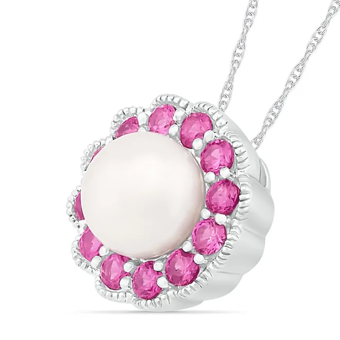Necklaces Goldia Cultured Freshwater Pearl and LabCreated Pink Sapphire Frame Antique VintageStyle Flower Pendant in Sterling Silver Necklaces Goldia Cultured Freshwater Pearl and LabCreated Pink Sapphire Frame Antique VintageStyle Flower Pendant in Sterling Silver
