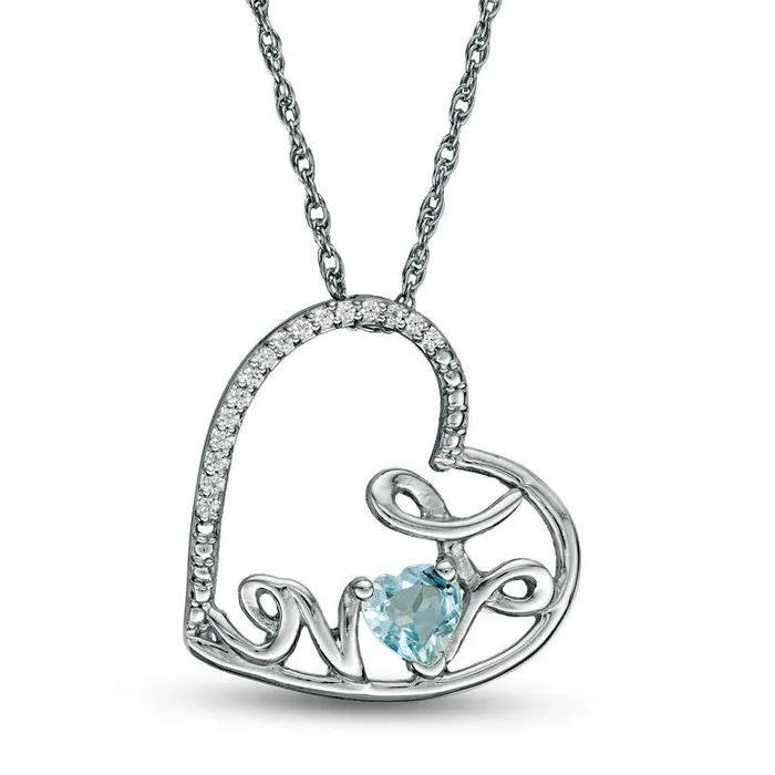 Necklaces Goldia HeartShaped Aquamarine and Natural Diamond Accent Tilted LOVE Pendant in Sterling Silver Necklaces Goldia HeartShaped Aquamarine and Natural Diamond Accent Tilted LOVE Pendant in Sterling Silver
