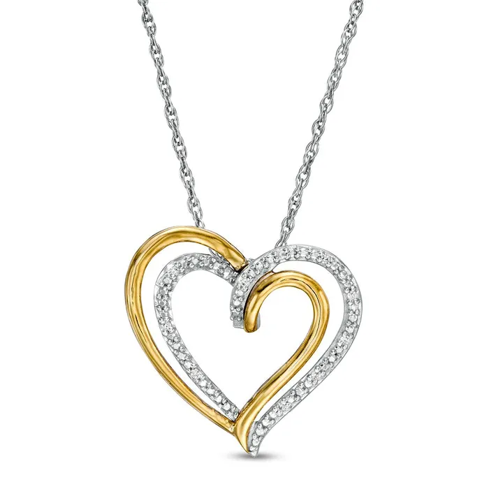 Necklaces Goldia Natural Diamond Accent Double Heart Pendant in Sterling Silver and 10K Yellow Gold Necklaces Goldia Natural Diamond Accent Double Heart Pendant in Sterling Silver and 10K Yellow Gold