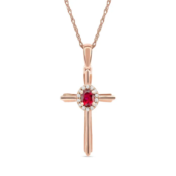Necklaces Goldia Oval Ruby and 005 CT TW Natural Diamond Frame Layered Cross Pendant in 10K Rose Gold Necklaces Goldia Oval Ruby and 005 CT TW Natural Diamond Frame Layered Cross Pendant in 10K Rose Gold