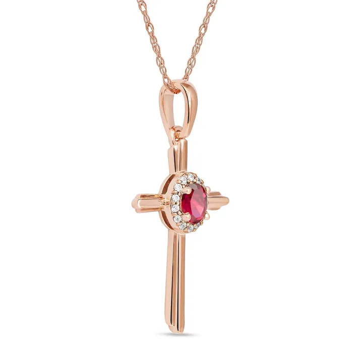 Necklaces Goldia Oval Ruby and 005 CT TW Natural Diamond Frame Layered Cross Pendant in 10K Rose Gold Necklaces Goldia Oval Ruby and 005 CT TW Natural Diamond Frame Layered Cross Pendant in 10K Rose Gold
