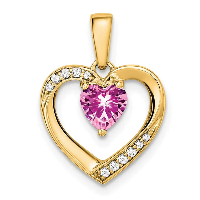 Necklaces Solid 14k Yellow Gold PinK Simulated Sapphire and CZ Heart Pendant Goldia