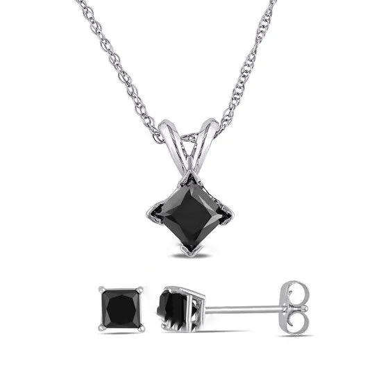 Original AMOUR 1 12 CT TW Black Princess Cut Diamond Solitaire Pendant with Chain and Earrings Set In 10K White Gold JMS always Earrings Original AMOUR 1 12 CT TW Black Princess Cut Diamond Solitaire Pendant with Chain and Earrings Set In 10K White Gold JMS always Earrings