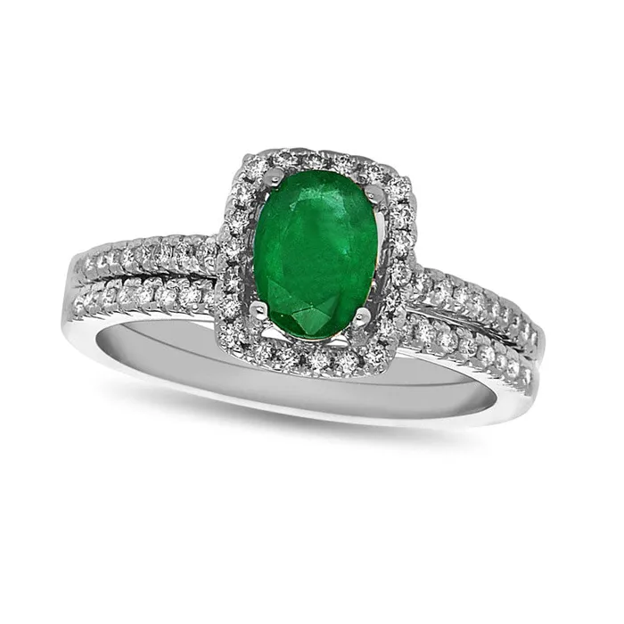 Oval Emerald and 033 CT TW Natural Diamond Frame Bridal Engagement Ring Set in Solid 14K White Gold Goldia Rings Oval Emerald and 033 CT TW Natural Diamond Frame Bridal Engagement Ring Set in Solid 14K White Gold Goldia Rings