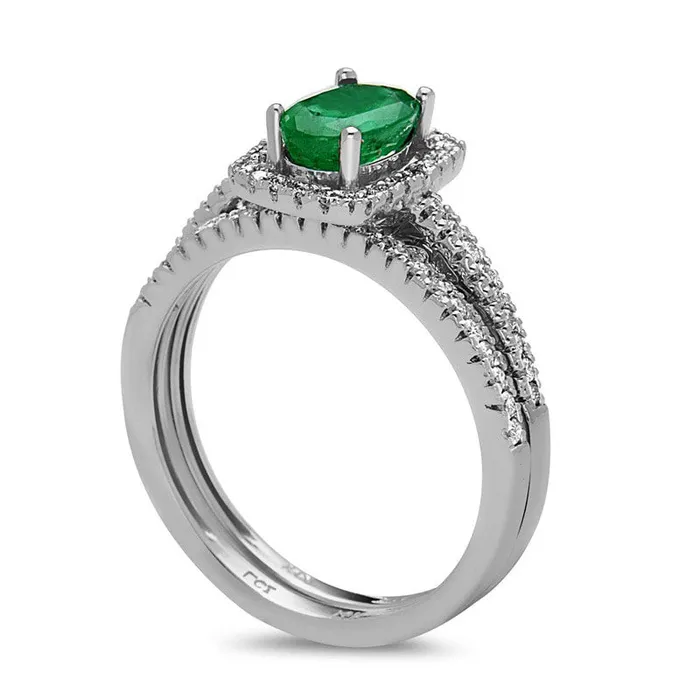 Oval Emerald and 033 CT TW Natural Diamond Frame Bridal Engagement Ring Set in Solid 14K White Gold Goldia Rings Oval Emerald and 033 CT TW Natural Diamond Frame Bridal Engagement Ring Set in Solid 14K White Gold Goldia Rings
