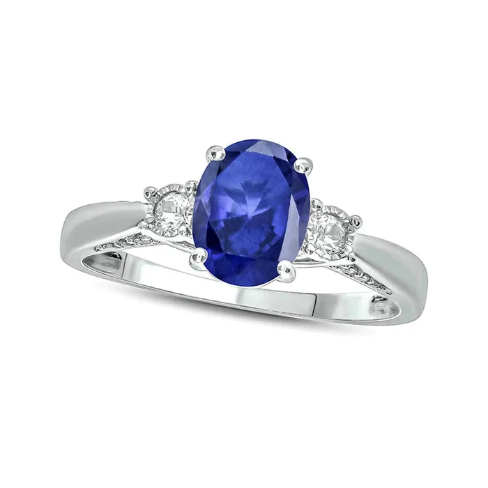 Oval LabCreated Blue and White Sapphire with 007 CT TW Diamond Three Stone Ring in Sterling Silver Goldia Rings Oval LabCreated Blue and White Sapphire with 007 CT TW Diamond Three Stone Ring in Sterling Silver Goldia Rings