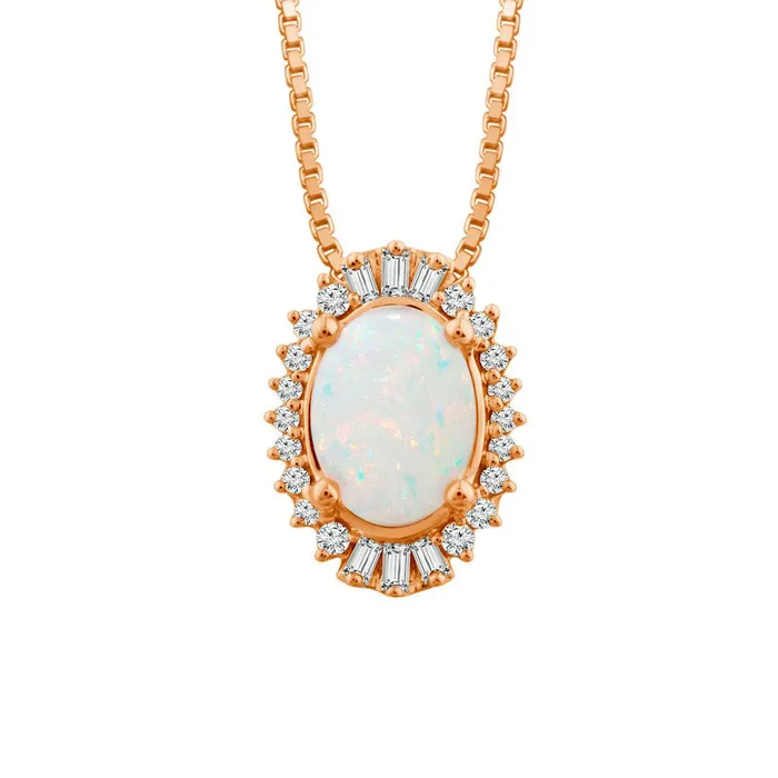 Oval Opal and 013 CT TW Baguette and Round Natural Diamond Starburst Frame Pendant in 14K Rose Gold Goldia Necklaces