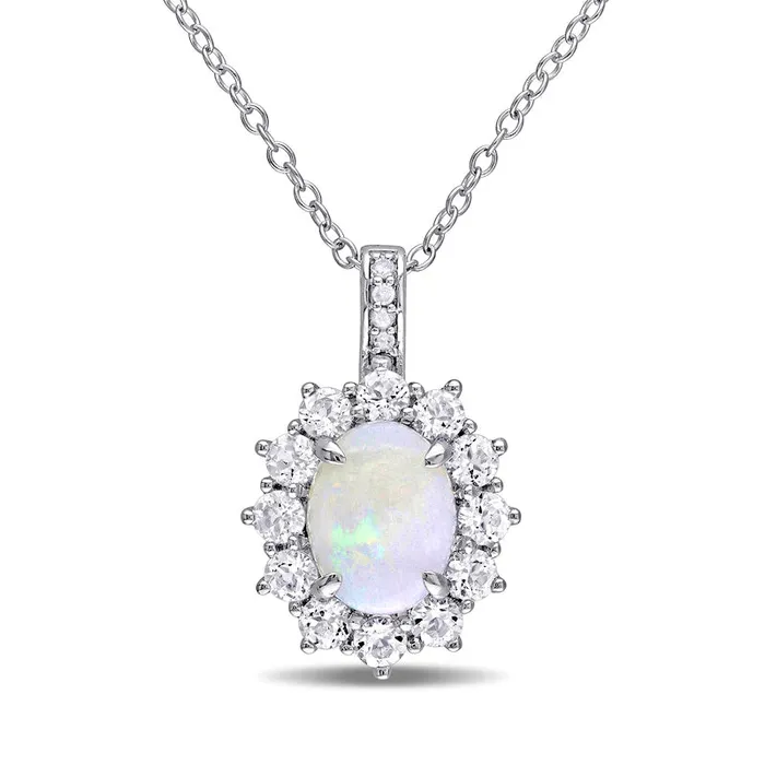 Oval Opal White Topaz and Natural Diamond Accent Starburst Frame Drop Pendant in Sterling Silver Goldia Necklaces Oval Opal White Topaz and Natural Diamond Accent Starburst Frame Drop Pendant in Sterling Silver Goldia Necklaces