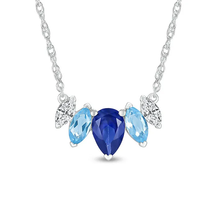 PearShaped Blue and White LabCreated Sapphire with Marquise Swiss Blue Topaz Five Stone Necklace in Sterling Silver Goldia Necklaces PearShaped Blue and White LabCreated Sapphire with Marquise Swiss Blue Topaz Five Stone Necklace in Sterling Silver Goldia Necklaces