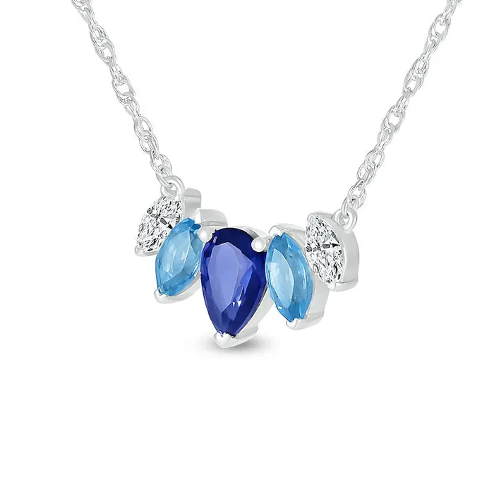 PearShaped Blue and White LabCreated Sapphire with Marquise Swiss Blue Topaz Five Stone Necklace in Sterling Silver Goldia Necklaces PearShaped Blue and White LabCreated Sapphire with Marquise Swiss Blue Topaz Five Stone Necklace in Sterling Silver Goldia Necklaces