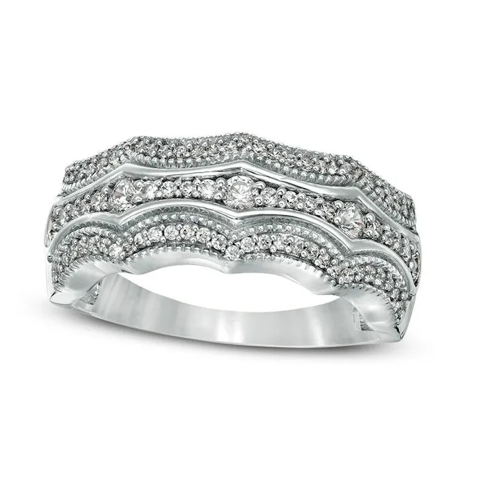 Rings 050 CT TW Natural Diamond MultiRow Concave Antique VintageStyle Band in Solid 10K White Gold Goldia