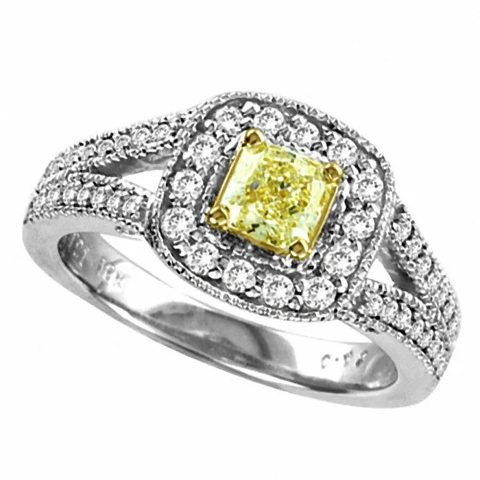 Rings 10 CT TW RadiantCut Natural Fancy Yellow and White Natural Diamond Split Shank Framed Ring in Solid 18K White Gold SI2 Goldia Rings 10 CT TW RadiantCut Natural Fancy Yellow and White Natural Diamond Split Shank Framed Ring in Solid 18K White Gold SI2 Goldia