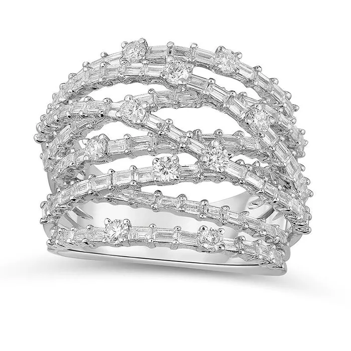 Rings 175 CT TW Baguette and Round Layered Crossover Ring in Solid 14K White Gold Goldia Rings 175 CT TW Baguette and Round Layered Crossover Ring in Solid 14K White Gold Goldia