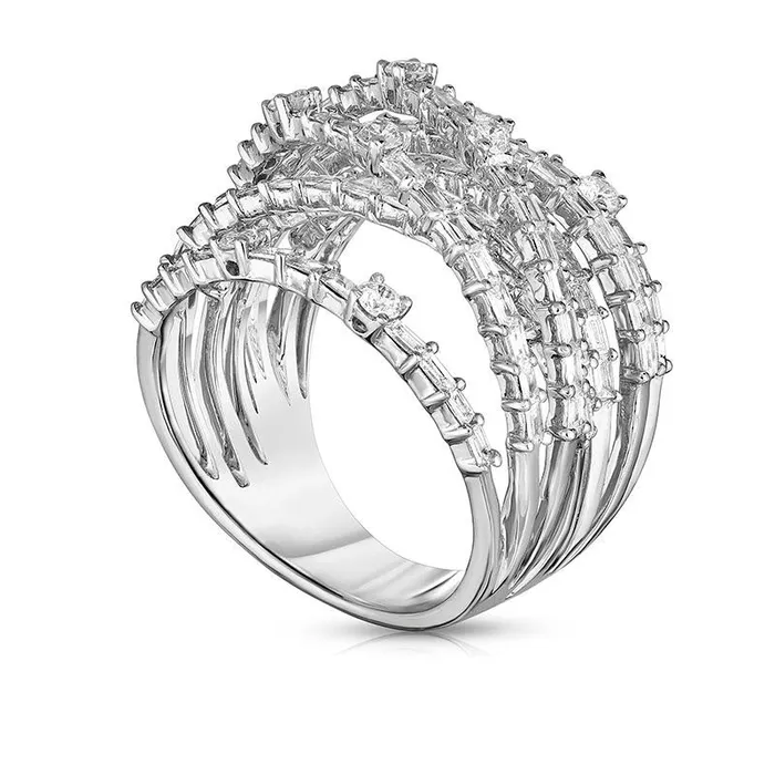 Rings 175 CT TW Baguette and Round Layered Crossover Ring in Solid 14K White Gold Goldia Rings 175 CT TW Baguette and Round Layered Crossover Ring in Solid 14K White Gold Goldia