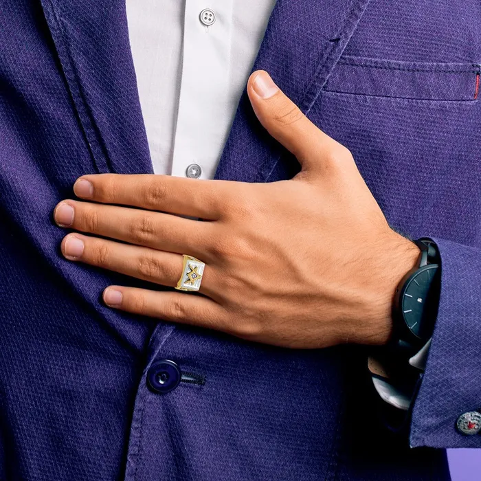Rings 14k Twotone Gold Mens Polished and Textured with Blue Enamel Blue Lodge Master Masonic Ring Goldia
