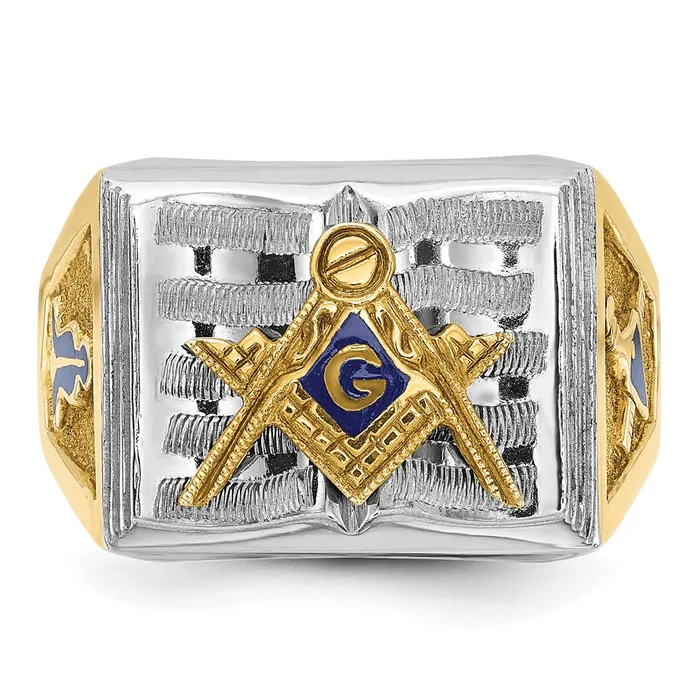 Rings 14k Twotone Gold Mens Polished and Textured with Blue Enamel Blue Lodge Master Masonic Ring Goldia