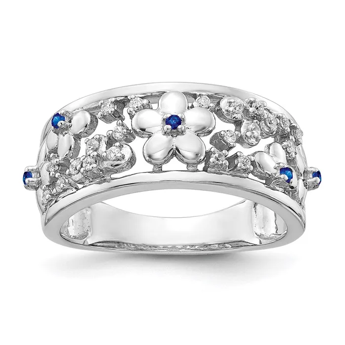 Rings 14k White Gold Real Diamond and Sapphire Flower Ring Goldia
