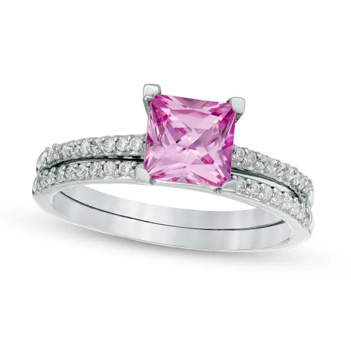Rings 60mm PrincessCut LabCreated Pink Sapphire and 020 CT TW Diamond Bridal Engagement Ring Set in Sterling Silver Goldia Rings 60mm PrincessCut LabCreated Pink Sapphire and 020 CT TW Diamond Bridal Engagement Ring Set in Sterling Silver Goldia