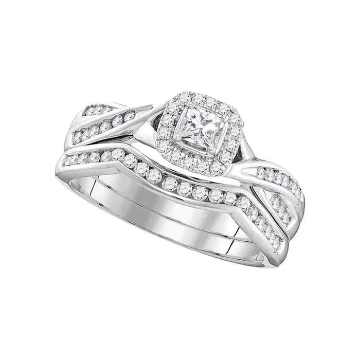Rings gndatlanta 14k White Gold Princess Diamond Halo Bridal Wedding Ring Set 12 Cttw Rings gndatlanta 14k White Gold Princess Diamond Halo Bridal Wedding Ring Set 12 Cttw
