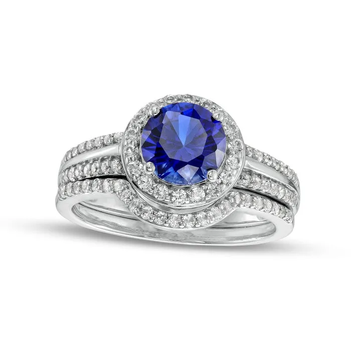 Rings Goldia 70mm Blue and White LabCreated Sapphire Frame Triple Row Bridal Engagement Ring Set in Sterling Silver Rings Goldia 70mm Blue and White LabCreated Sapphire Frame Triple Row Bridal Engagement Ring Set in Sterling Silver
