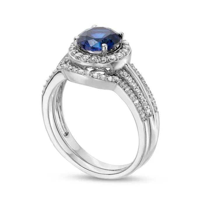 Rings Goldia 70mm Blue and White LabCreated Sapphire Frame Triple Row Bridal Engagement Ring Set in Sterling Silver Rings Goldia 70mm Blue and White LabCreated Sapphire Frame Triple Row Bridal Engagement Ring Set in Sterling Silver