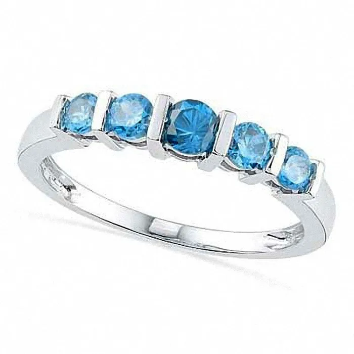 Rings Goldia Blue Topaz Five Stone Anniversary Band in Solid 10K White Gold Rings Goldia Blue Topaz Five Stone Anniversary Band in Solid 10K White Gold