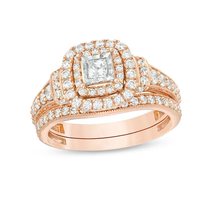Rings Goldiacom 1 CT TW Princess Cut Diamond Vintage Style Double Frame Engagement Bridal Set in 14K Rose Gold Rings Goldiacom 1 CT TW Princess Cut Diamond Vintage Style Double Frame Engagement Bridal Set in 14K Rose Gold
