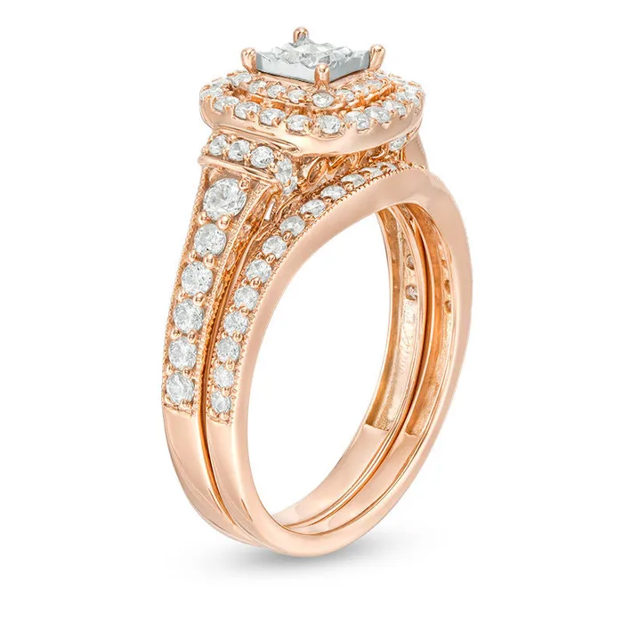 Rings Goldiacom 1 CT TW Princess Cut Diamond Vintage Style Double Frame Engagement Bridal Set in 14K Rose Gold